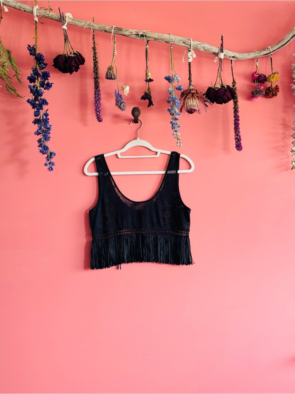 VS Black Fringe Crochet Crop Tank Top - Women
